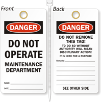 Do Not Operate Maintenance Department Lockout Tag