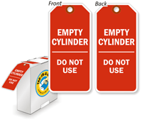 Empty gas cylinder tag outlasts weather.